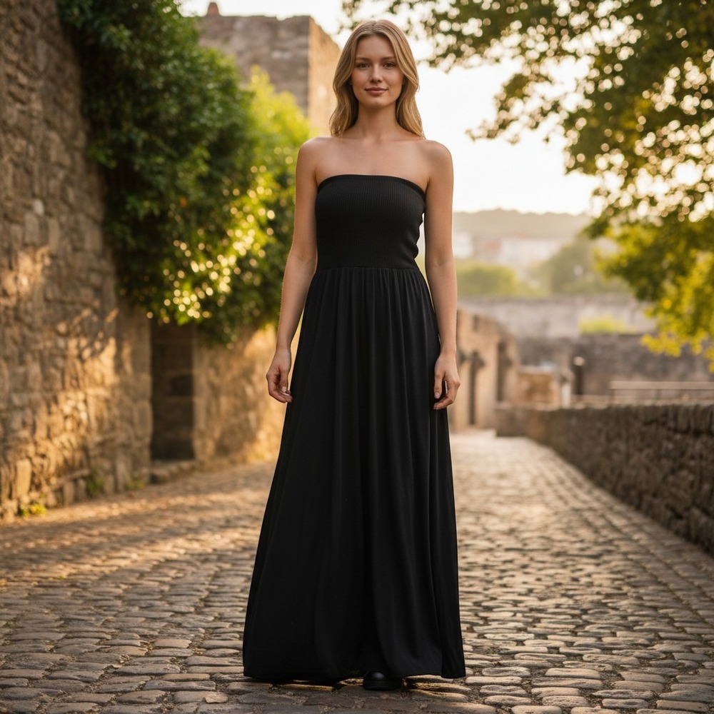 Anthropologie Womens M Black Strapless Knit Ribbed Bodice Pleated Maxi Dress